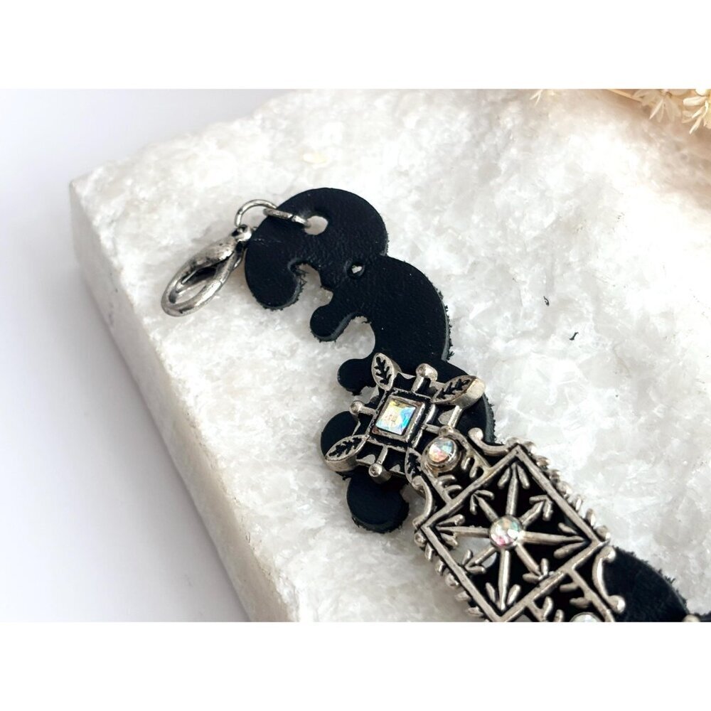 Faux Black Leather Boho Gemstone Silver T Adjustable Vintage Bracelet - 7" - 9" - Picture 3 of 14